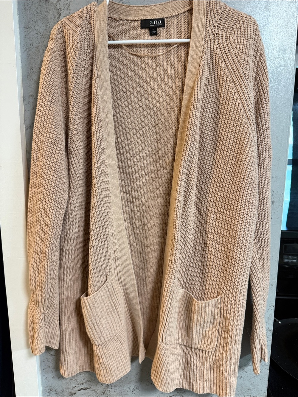 a.n.a Tan Open-Front Ribbed Knit Cardigan with Pockets